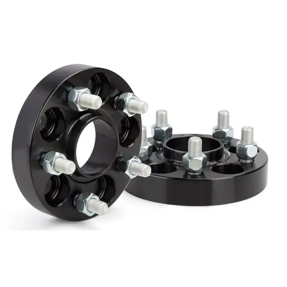 Pair of black five-lug bolt-on wheel spacer adapters with studs and nuts