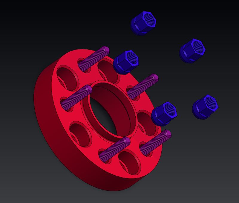 Exploded CAD view of a red wheel spacer adapter with studs and lug nuts