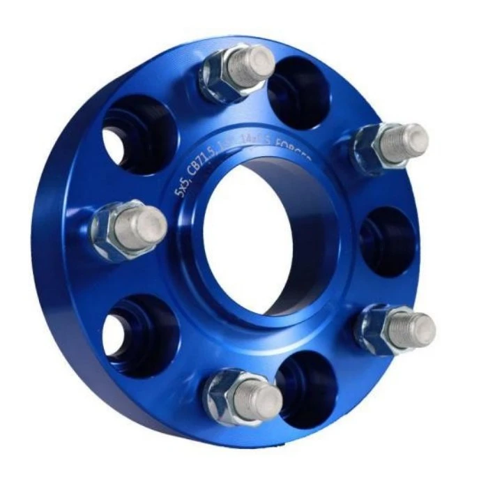 Blue bolt-on wheel spacer with a raised center bore and five studs