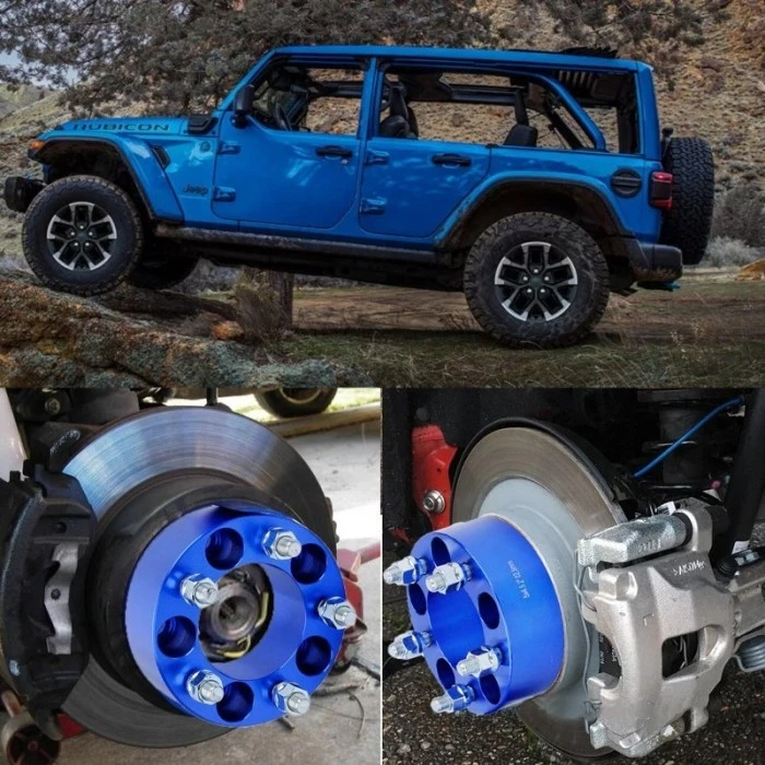 Blue bolt-on wheel spacer installed against the brake disc on a Jeep hub