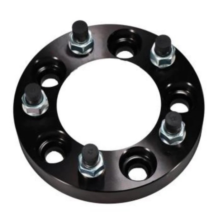 Black bolt-on wheel spacer with studs and recessed hub-side holes