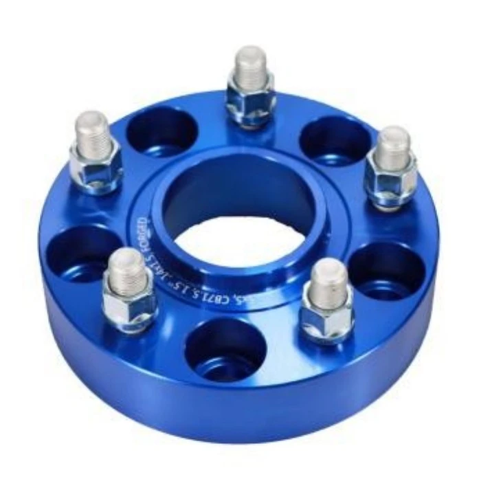 Blue bolt-on wheel spacer adapter with studs and hub-side mounting holes