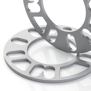 Two thin silver multi-pattern wheel spacer rings on a white background