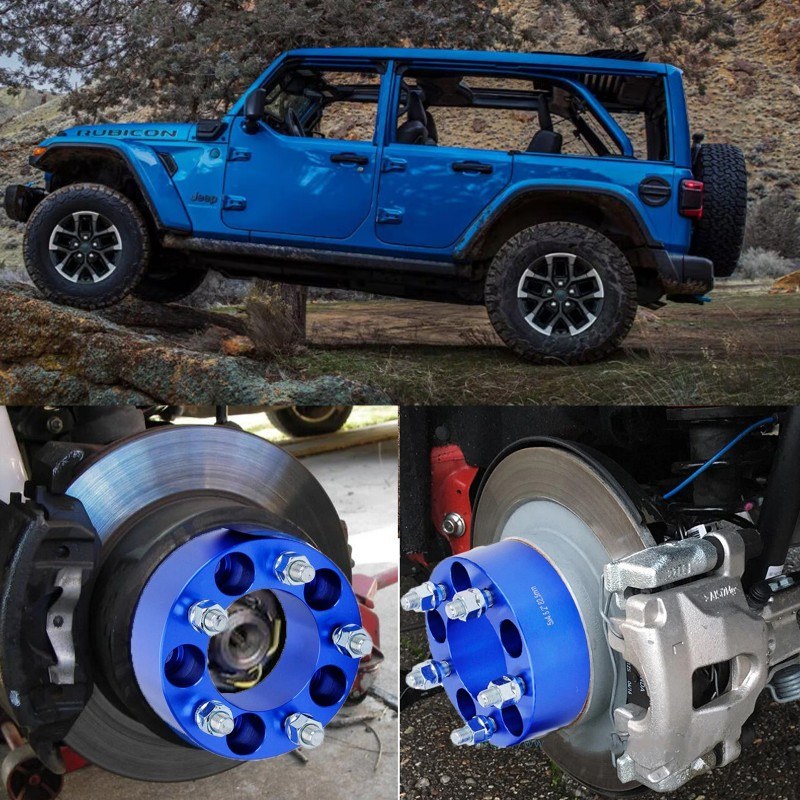 Blue Jeep wheel spacer shown beside two installed views at the vehicle hub